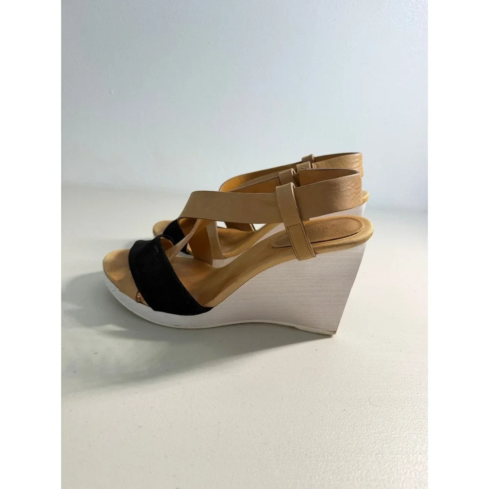 See by Chloe Leather Suede Colorblock Wedge Sandals Tan Black White 40 10
